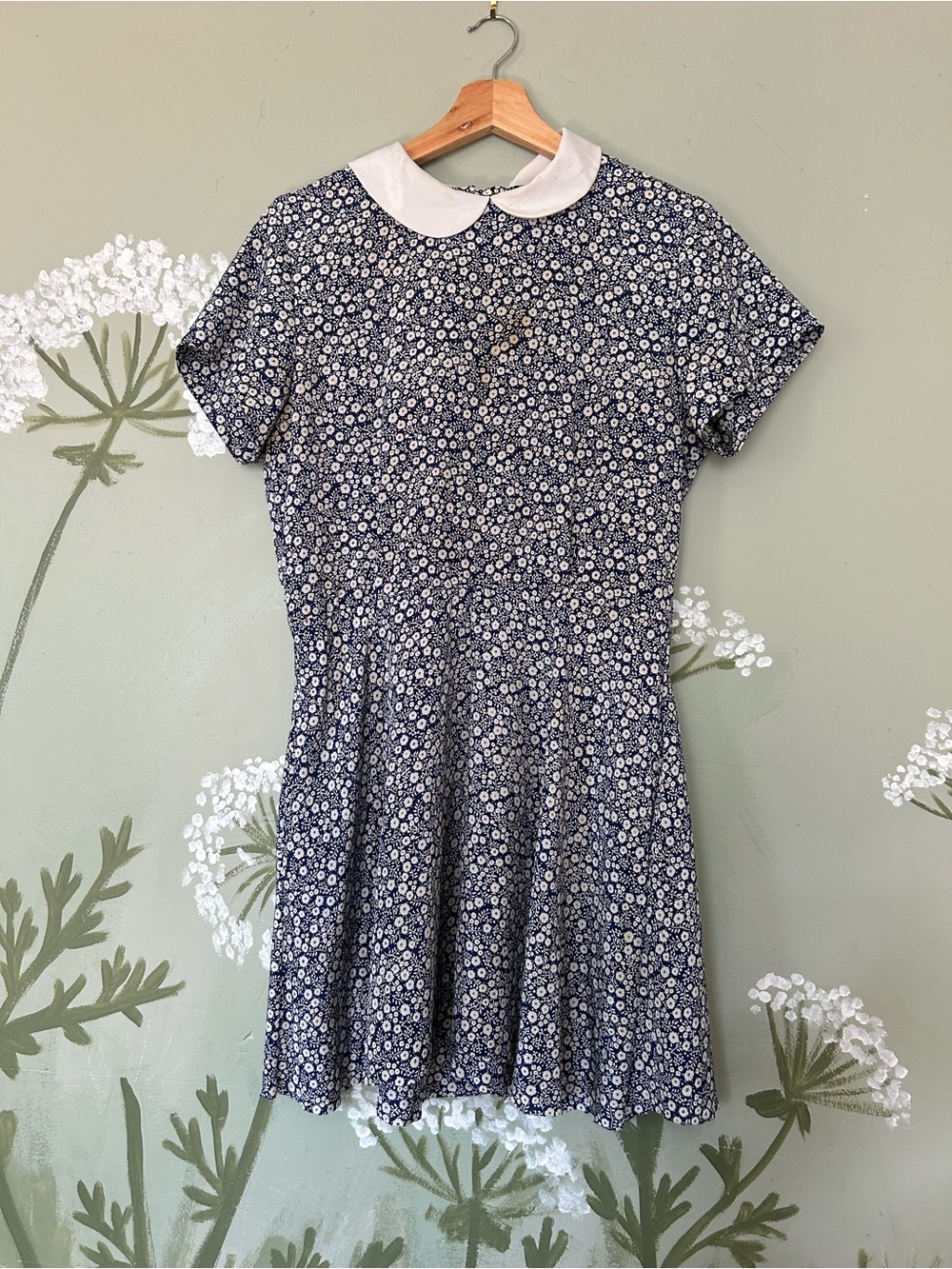 VTG Ditsy Navy Blue Floral Dress with Peter Pan Collar